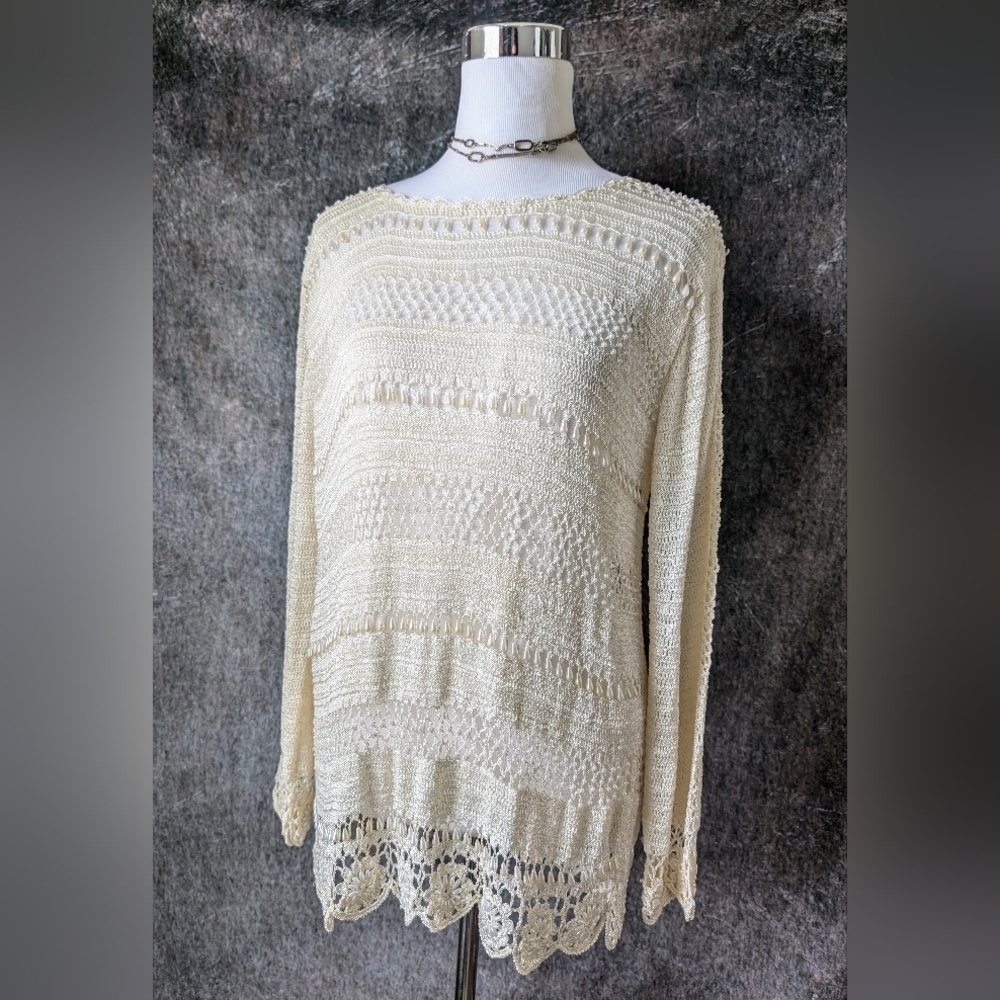 Y2K Cottagecore Crochet Beaded Cream Sweater Boho XL